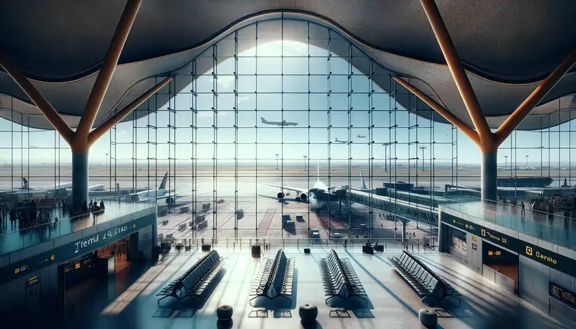 Vista desde el interior de la Terminal 4 del Aeropuerto Adolfo Suárez Madrid-Barajas, mirando hacia el área de pistas. La imagen representa el interior moderno y espacioso de la terminal, con grandes ventanas de cristal que ofrecen una vista de los aviones en la pista, capturando la belleza arquitectónica y la funcionalidad de la terminal como un importante centro de transporte.