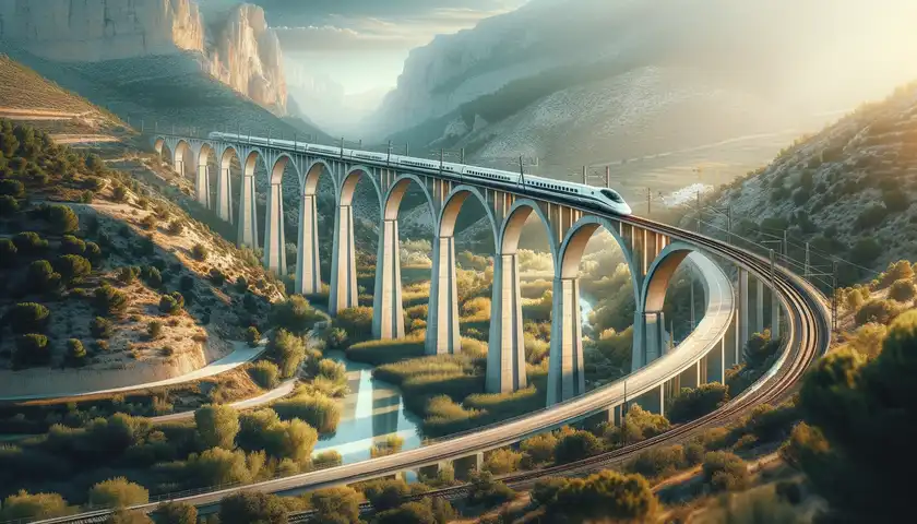 Imagen ilustrativa del Viaducto del AVE en Contreras, Valencia, mostrando el viaducto en servicio con un tren de alta velocidad cruzándolo.