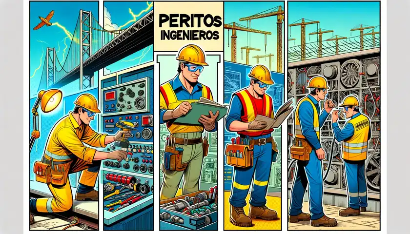 Imagen que ilustra las distintas especialidades de perito ingeniero. La escena muestra a un ingeniero civil examinando un puente, un ingeniero mecánico inspeccionando maquinaria, y un ingeniero eléctrico analizando sistemas eléctricos, cada uno equipado con herramientas y equipo de seguridad apropiados. La imagen refleja las diversas funciones y especializaciones de los peritos ingenieros.