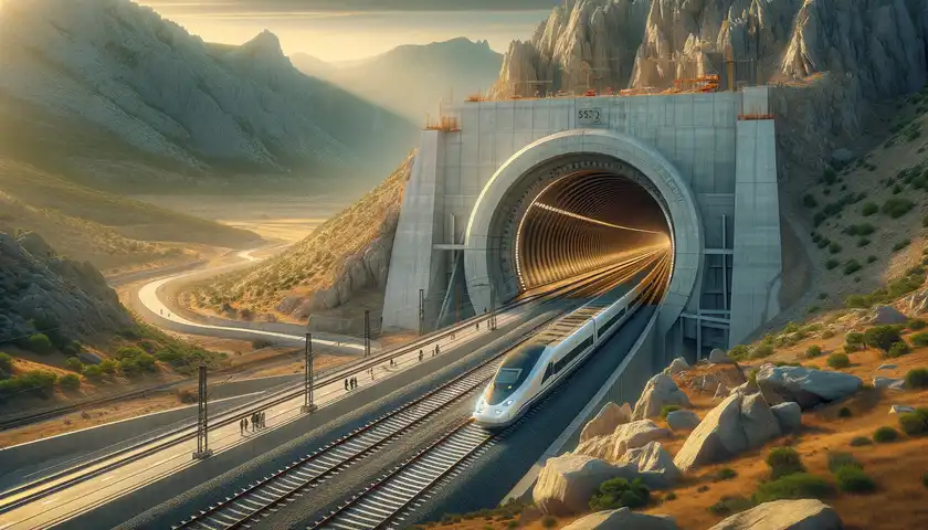 Imagen representativa del Túnel de Guadarrama, que es parte de la línea de alta velocidad entre Madrid, Segovia y Valladolid en España. La imagen muestra la entrada del túnel con un tren de alta velocidad emergiendo, ambientado en un paisaje típico de la región, destacando la impresionante escala y el logro técnico de esta construcción.